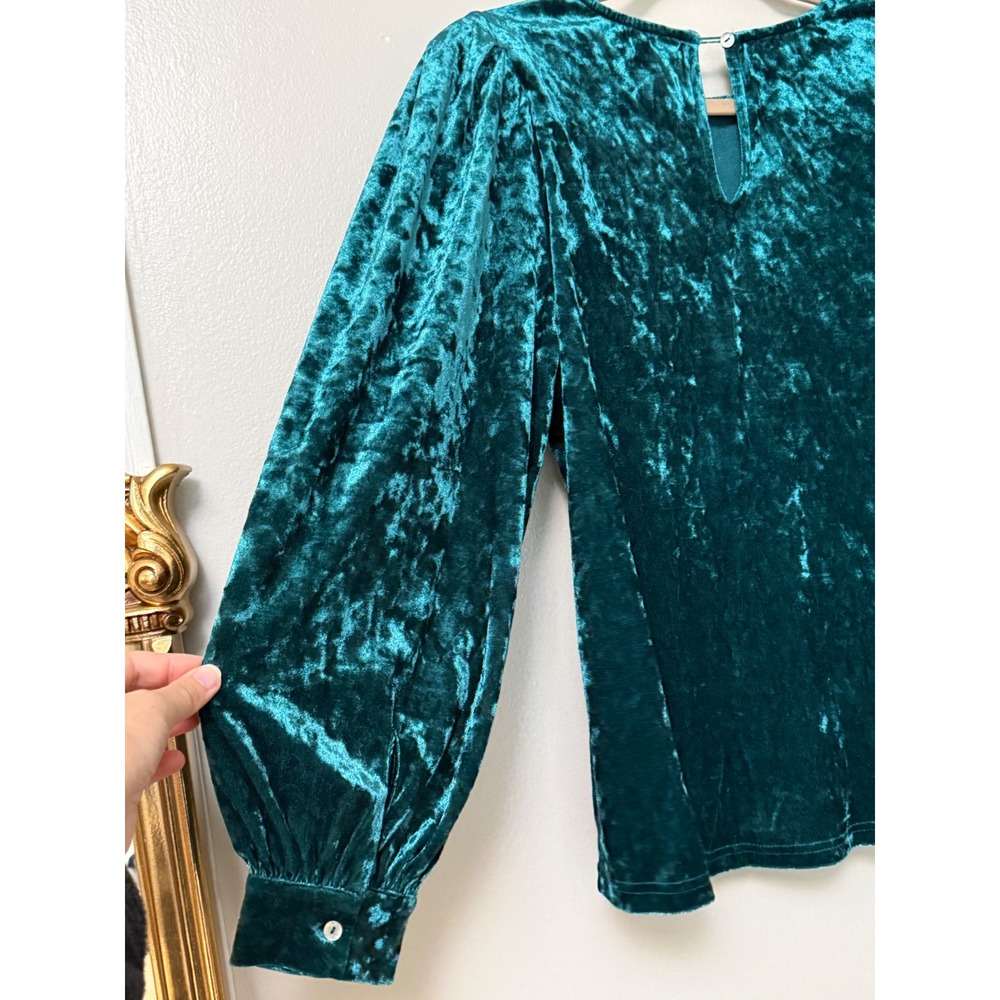 Jodifl Teal Green Crushed Velvet Puff Sleeve Blouse Top Keyhole Back - Picture 7 of 10